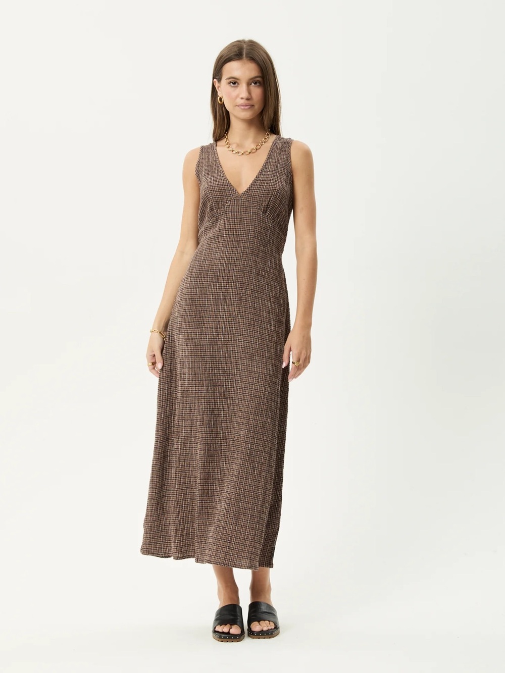 NWT AFENDS Seersucker Maxi Dress - Brown Plaid